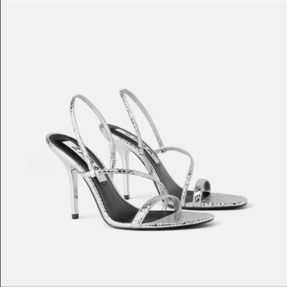 Zara Metallic Animal Print Heeled Sandals Silver